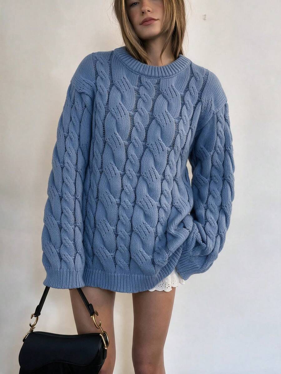 Adrienne Heavy Cable Knit Crew Neck Sweater Oversized Pullover - Powder Blue