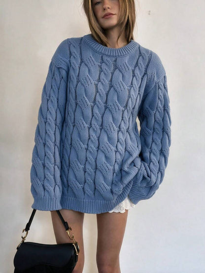 Adrienne Heavy Cable Knit Crew Neck Sweater Oversized Pullover - Powder Blue