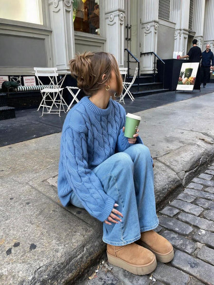 Adrienne Heavy Cable Knit Crew Neck Sweater Oversized Pullover - Powder Blue