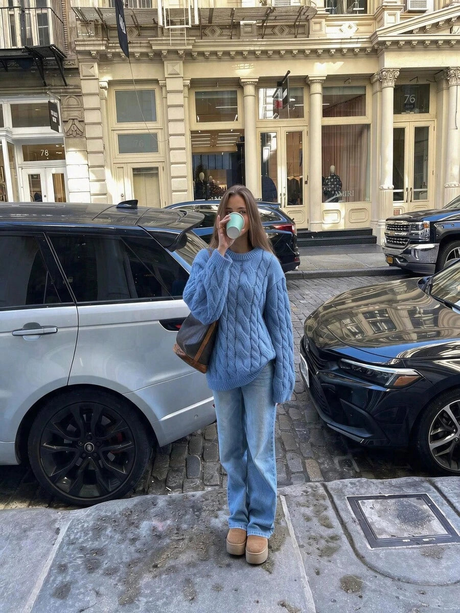 Adrienne Heavy Cable Knit Crew Neck Sweater Oversized Pullover - Powder Blue