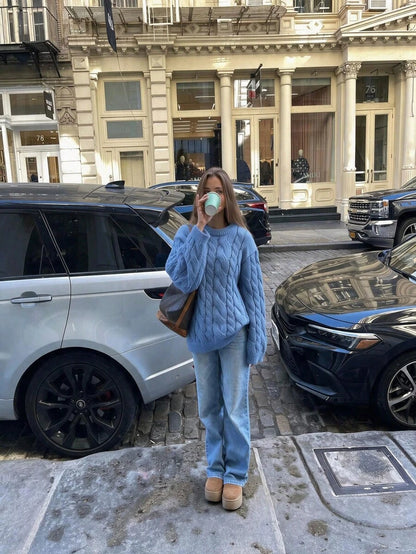 Adrienne Heavy Cable Knit Crew Neck Sweater Oversized Pullover - Powder Blue