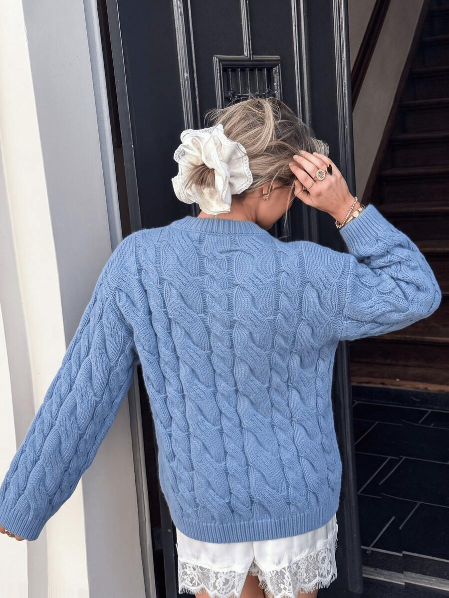 Adrienne Heavy Cable Knit Crew Neck Sweater Oversized Pullover - Powder Blue