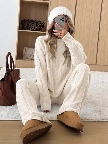 Ginevra 2 Piece Sweater Set Cable Knit Pullover and Wide Leg Pants - Cream