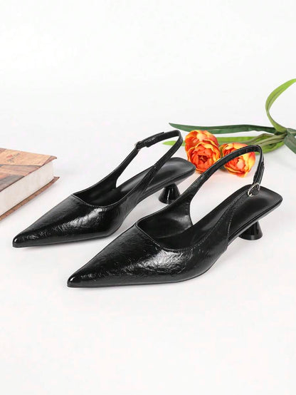 Women's Pointed Toe Slingback Mid Heel Pumps, Glossy Faux Leather Buckle Strap Kitten Heels for Work