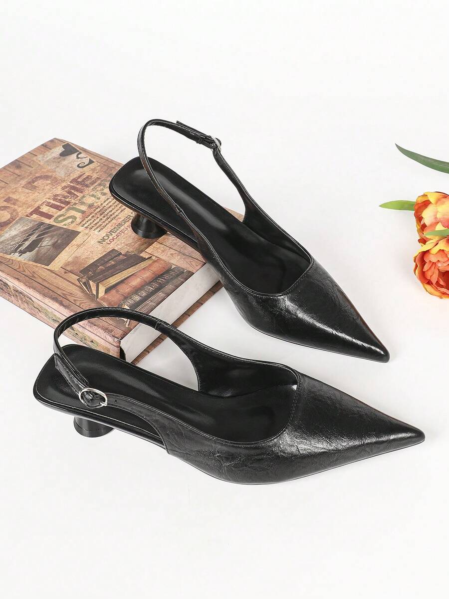 Women's Pointed Toe Slingback Mid Heel Pumps, Glossy Faux Leather Buckle Strap Kitten Heels for Work