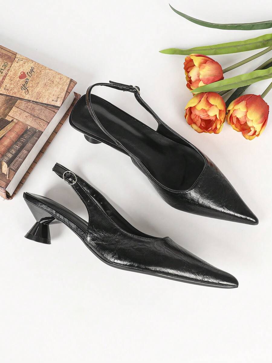 Women's Pointed Toe Slingback Mid Heel Pumps, Glossy Faux Leather Buckle Strap Kitten Heels for Work