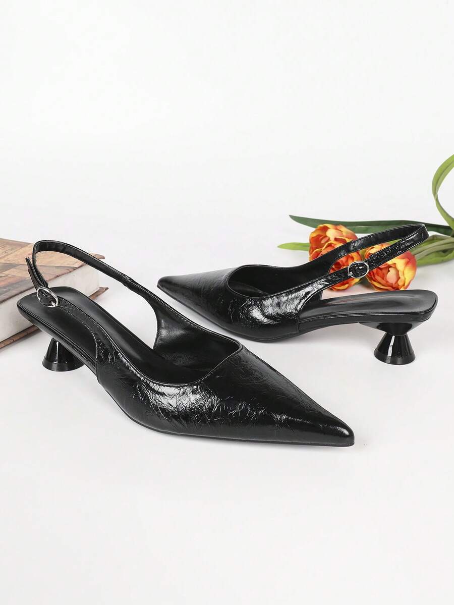 Women's Pointed Toe Slingback Mid Heel Pumps, Glossy Faux Leather Buckle Strap Kitten Heels for Work