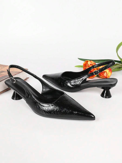 Women's Pointed Toe Slingback Mid Heel Pumps, Glossy Faux Leather Buckle Strap Kitten Heels for Work