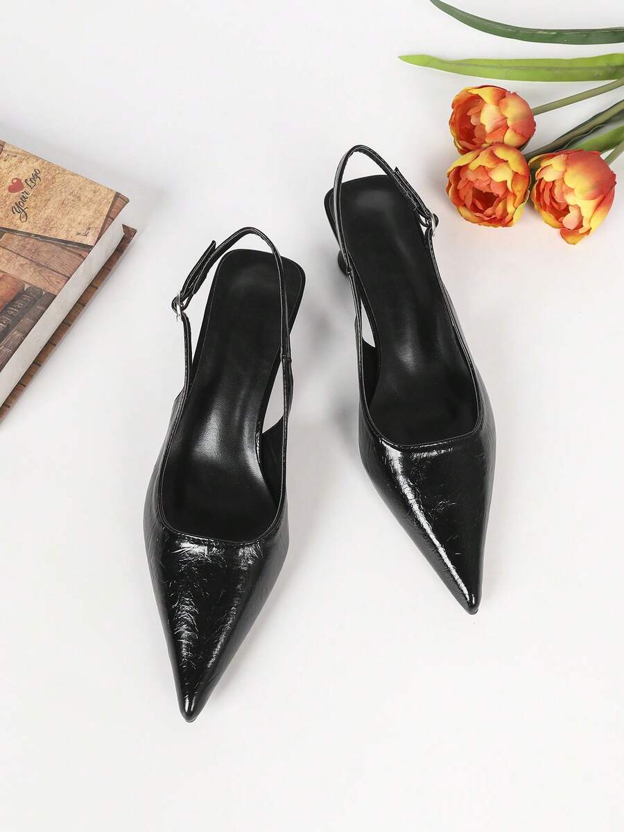 Women's Pointed Toe Slingback Mid Heel Pumps, Glossy Faux Leather Buckle Strap Kitten Heels for Work