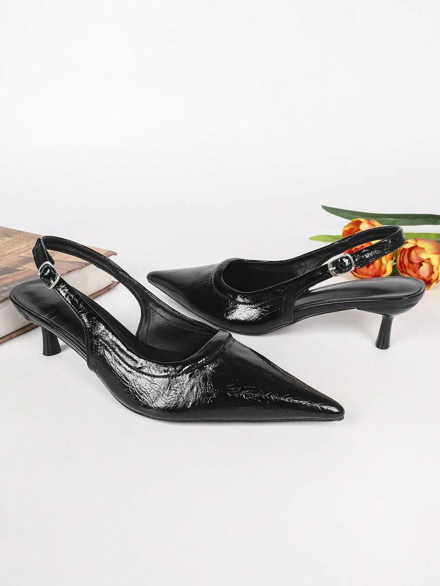 Women's Pointed Toe Slingback Mid Heel Pumps, Glossy Faux Leather Buckle Strap Kitten Heels for Work
