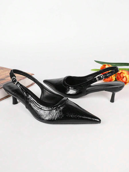 Women's Pointed Toe Slingback Mid Heel Pumps, Glossy Faux Leather Buckle Strap Kitten Heels for Work