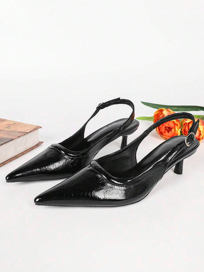 Women's Pointed Toe Slingback Mid Heel Pumps, Glossy Faux Leather Buckle Strap Kitten Heels for Work
