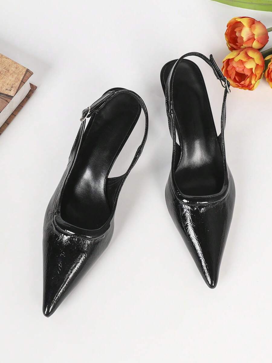 Women's Pointed Toe Slingback Mid Heel Pumps, Glossy Faux Leather Buckle Strap Kitten Heels for Work