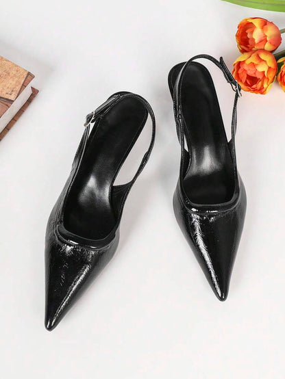 Women's Pointed Toe Slingback Mid Heel Pumps, Glossy Faux Leather Buckle Strap Kitten Heels for Work