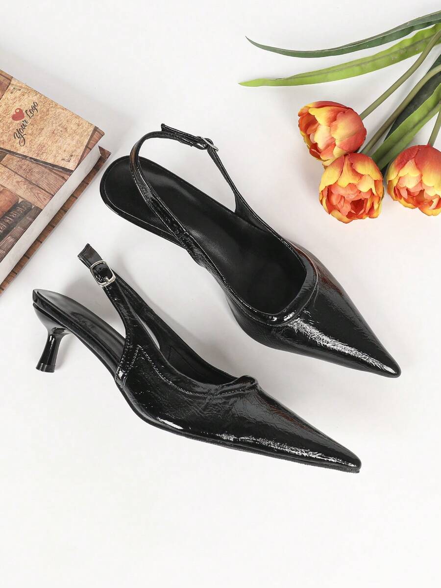 Women's Pointed Toe Slingback Mid Heel Pumps, Glossy Faux Leather Buckle Strap Kitten Heels for Work
