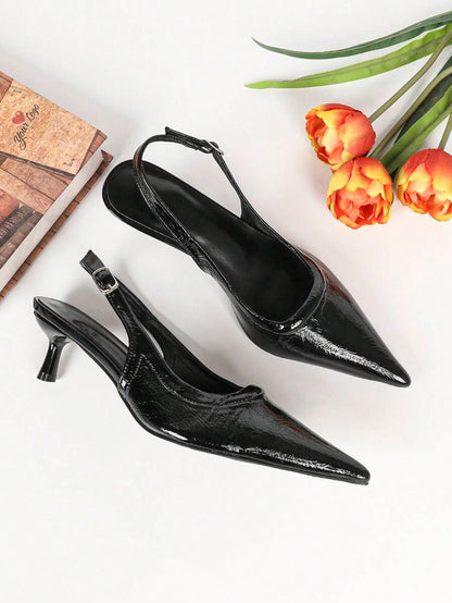 Women's Pointed Toe Slingback Mid Heel Pumps, Glossy Faux Leather Buckle Strap Kitten Heels for Work