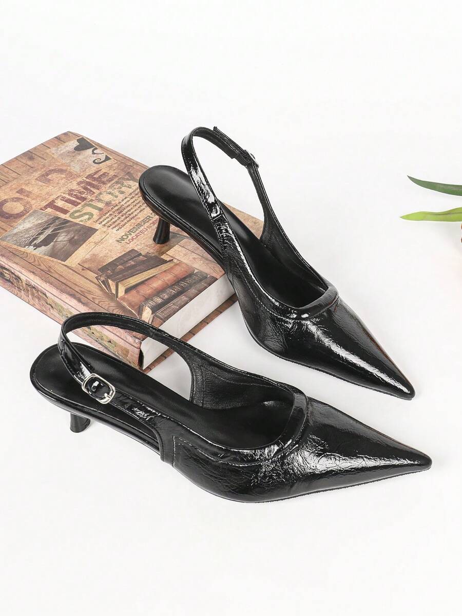 Women's Pointed Toe Slingback Mid Heel Pumps, Glossy Faux Leather Buckle Strap Kitten Heels for Work