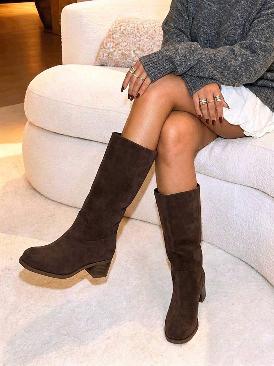 Knee High Boots For Woman Square Toe Fall Wide Calf Pull On Chunky Block Heeled Boots Riding Boots Autumn Casual Comfortable Block Heels For Women Mensa
