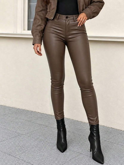 Vilnius High Waist Faux Leather Skinny Pants - Khaki