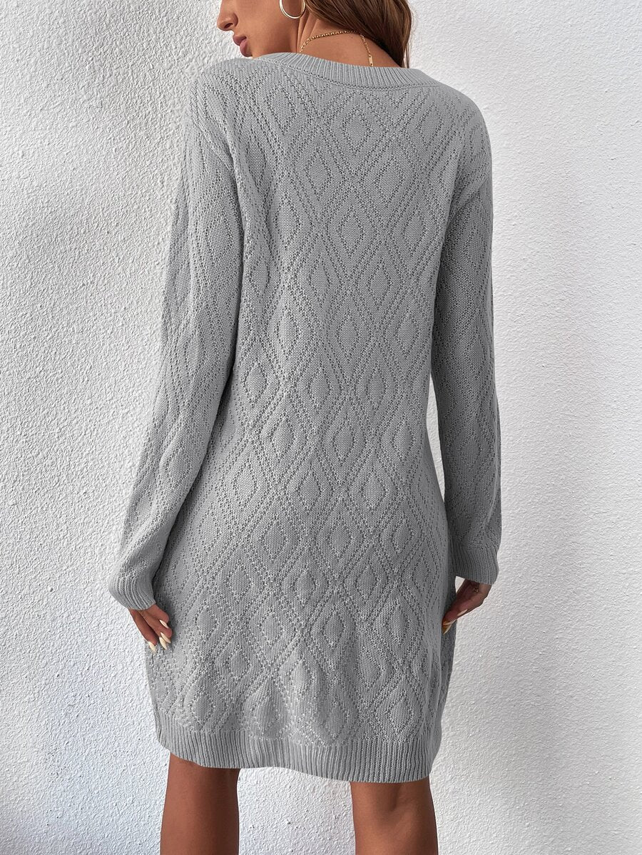 Women's Drop Shoulder Knit Sweater Dress, Relaxed Long Sleeve Dress for Fall Winter - Light Grey