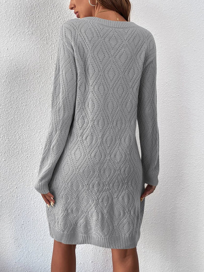 Women's Drop Shoulder Knit Sweater Dress, Relaxed Long Sleeve Dress for Fall Winter - Light Grey