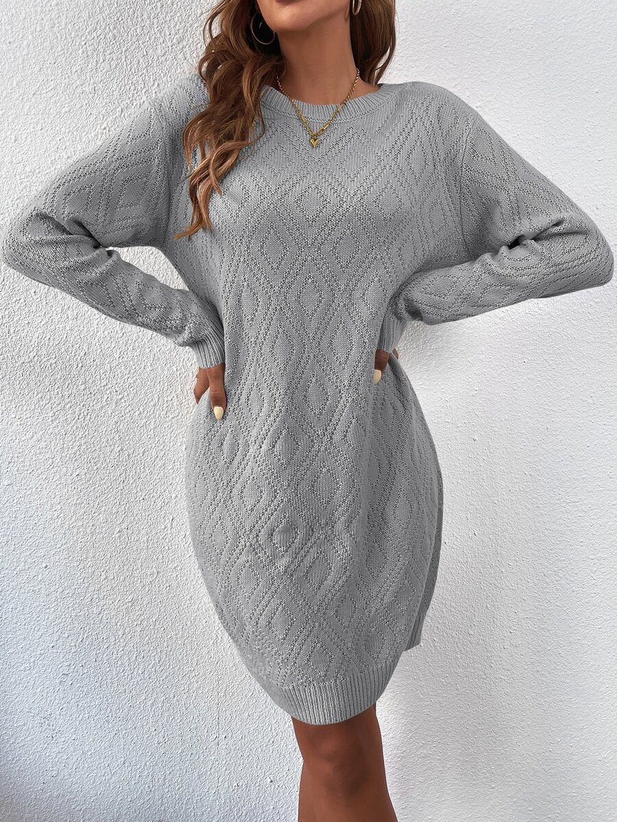 Women's Drop Shoulder Knit Sweater Dress, Relaxed Long Sleeve Dress for Fall Winter - Coffee Brown