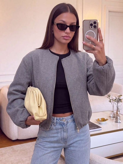 Lillehammer Wool Look Zip Up Cropped Bomber Jacket