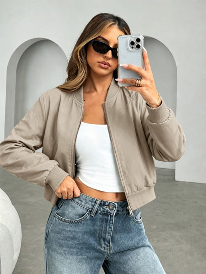 Steamboat Zip Up Bomber Jacket with Ribbed Trim - Khaki