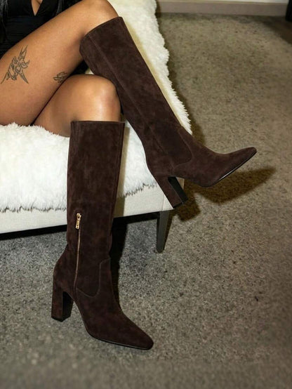 Women's Solid Knee High Boots Fashion Square Toe Block Chunky High Heels Side Zipper Party Dress Sexy Fall Boots Woman Mensa