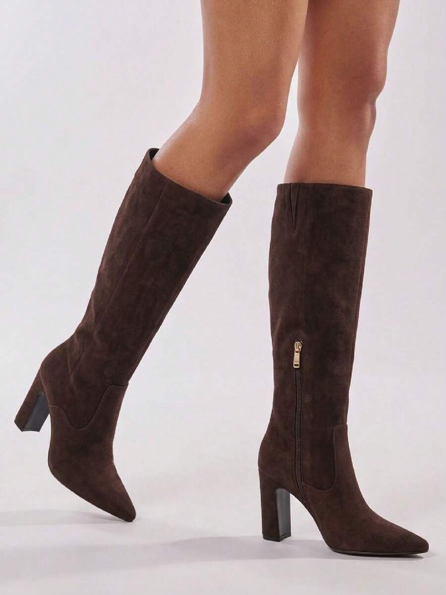Women's Solid Knee High Boots Fashion Square Toe Block Chunky High Heels Side Zipper Party Dress Sexy Fall Boots Woman Mensa