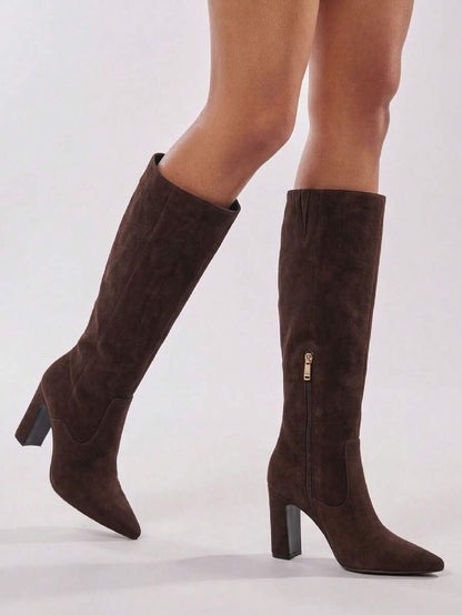 Women's Solid Knee High Boots Fashion Square Toe Block Chunky High Heels Side Zipper Party Dress Sexy Fall Boots Woman Mensa