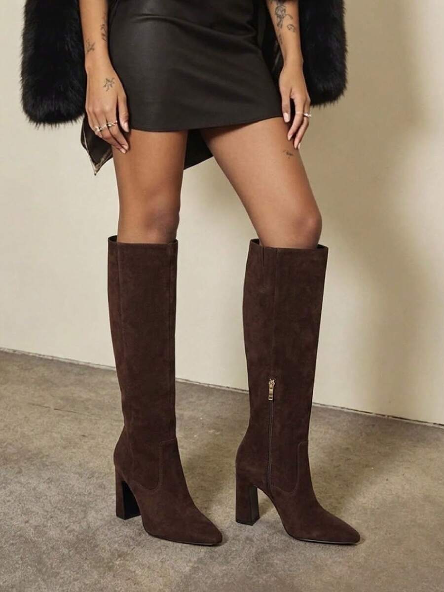 Women's Solid Knee High Boots Fashion Square Toe Block Chunky High Heels Side Zipper Party Dress Sexy Fall Boots Woman Mensa