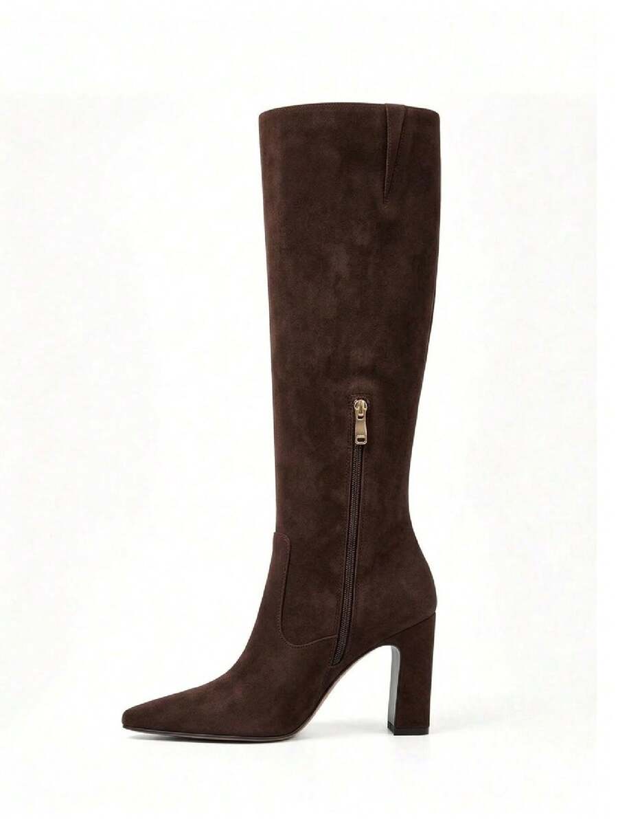 Women's Solid Knee High Boots Fashion Square Toe Block Chunky High Heels Side Zipper Party Dress Sexy Fall Boots Woman Mensa