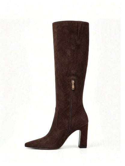 Women's Solid Knee High Boots Fashion Square Toe Block Chunky High Heels Side Zipper Party Dress Sexy Fall Boots Woman Mensa