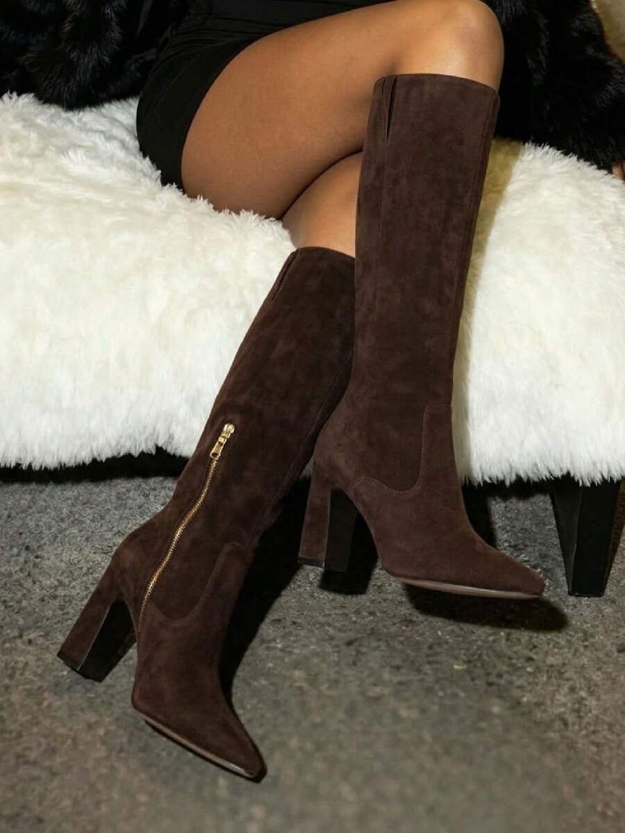 Women's Solid Knee High Boots Fashion Square Toe Block Chunky High Heels Side Zipper Party Dress Sexy Fall Boots Woman Mensa
