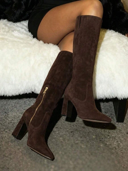 Women's Solid Knee High Boots Fashion Square Toe Block Chunky High Heels Side Zipper Party Dress Sexy Fall Boots Woman Mensa