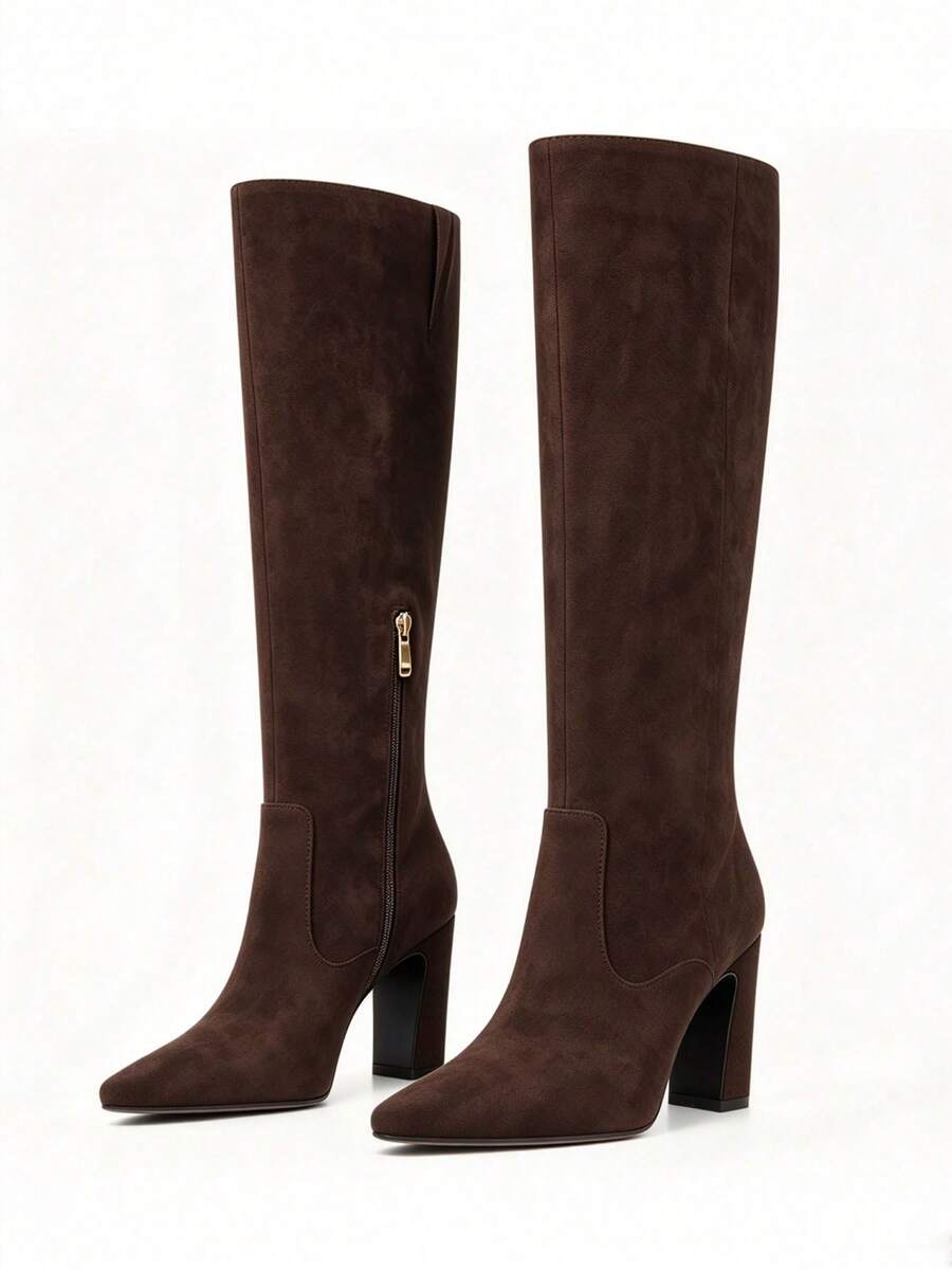 Women's Solid Knee High Boots Fashion Square Toe Block Chunky High Heels Side Zipper Party Dress Sexy Fall Boots Woman Mensa