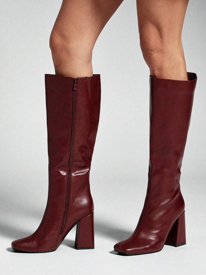 SHUZIA Women's Fashionable & Comfortable Knee-High Side Zipper Chunky Heel Boots Mensa