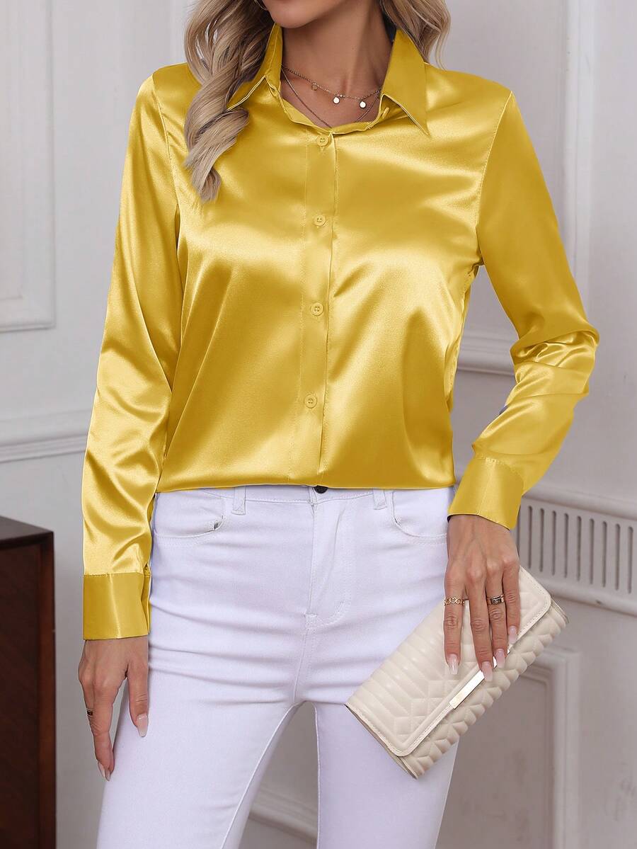 Como Satin Button Up Long Sleeve Blouse