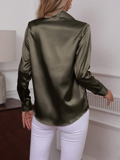 Como Satin Button Up Long Sleeve Blouse