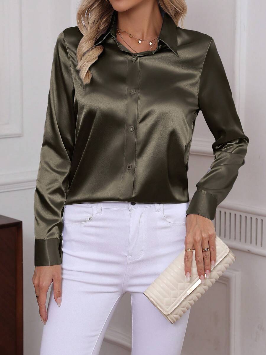 Como Satin Button Up Long Sleeve Blouse