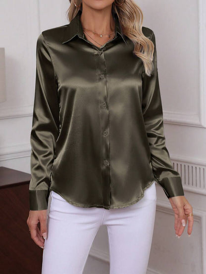 Como Satin Button Up Long Sleeve Blouse