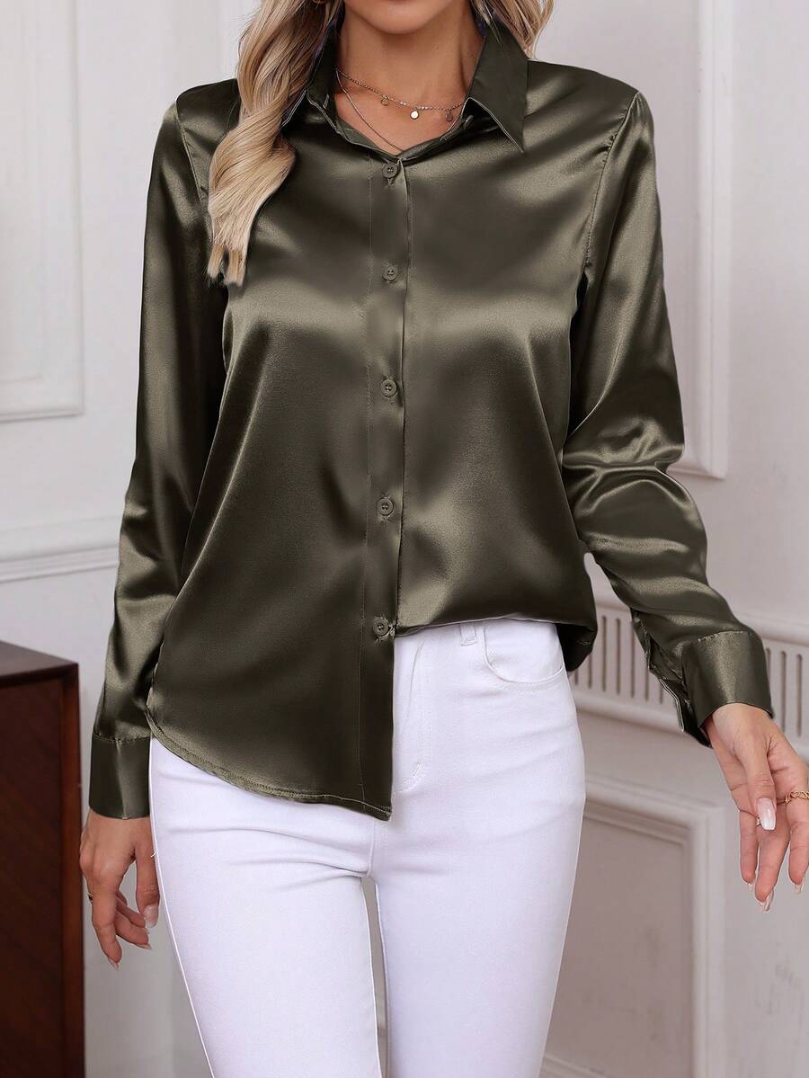 Como Satin Button Up Long Sleeve Blouse