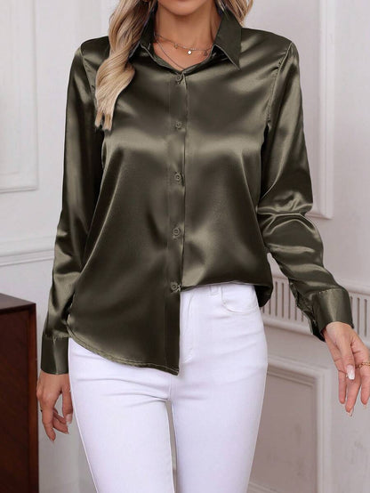 Como Satin Button Up Long Sleeve Blouse
