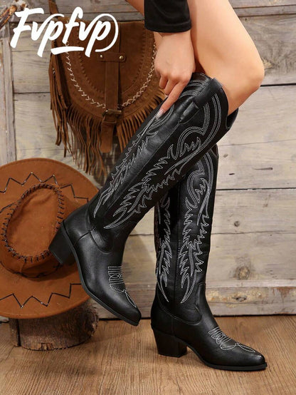 FVPFVP Fall/Winter 2024 European And American New Vintage Embroidered Western Boots, Over-The-Knee V-Cut All-Match Fashionable Knight Boots For Women, Cowboy Boots For Women,Cowgirl Boots,Coachella Mensa
