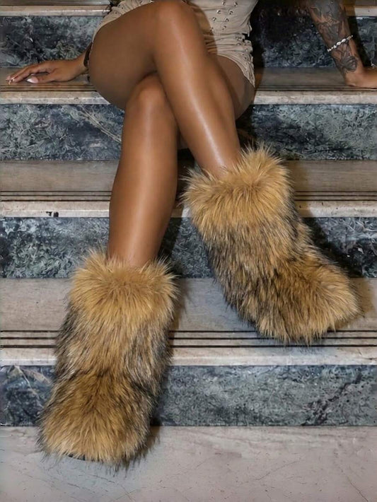 Women's Winter Furry Snow Boots Fuzzy Fluffy Round Toe Suede Booties Flat Heel Slip On Outdoor Indoor Shoes Fashion Warm Fluffy Shoes Mensa