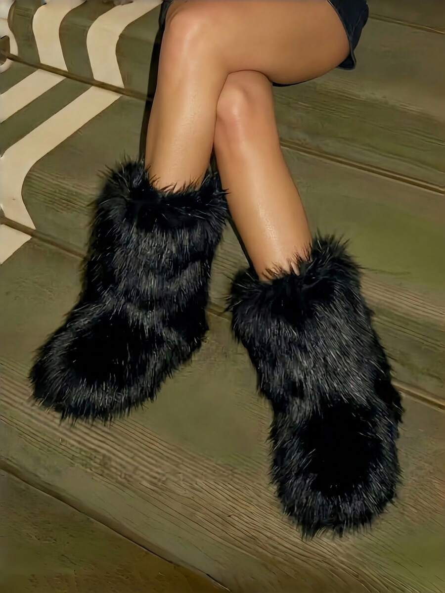 Women's Winter Furry Snow Boots Fuzzy Fluffy Round Toe Suede Booties Flat Heel Slip On Outdoor Indoor Shoes Fashion Warm Fluffy Shoes Mensa