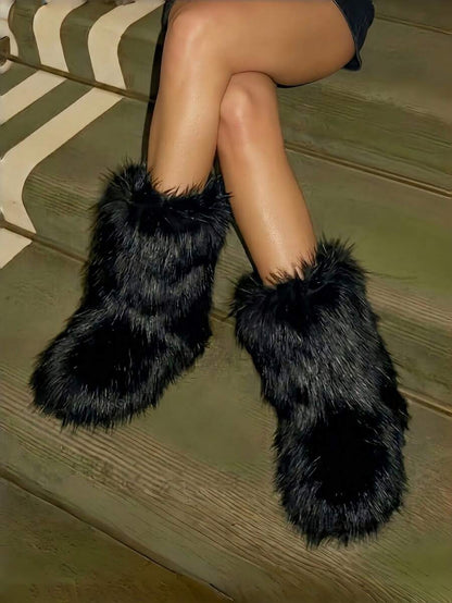 Women's Winter Furry Snow Boots Fuzzy Fluffy Round Toe Suede Booties Flat Heel Slip On Outdoor Indoor Shoes Fashion Warm Fluffy Shoes Mensa