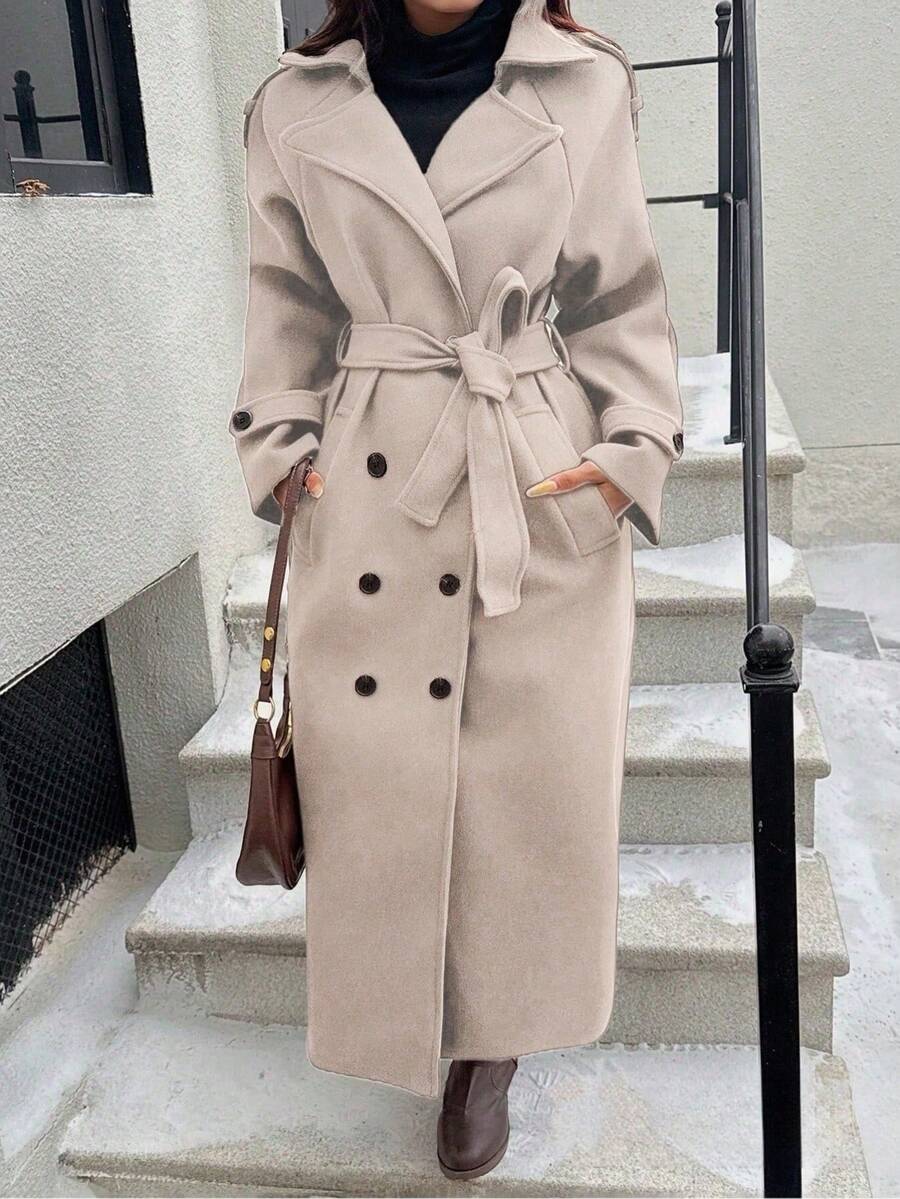 Laurel Double Breasted Belted Long Coat with Peak Lapels - Oatmeal