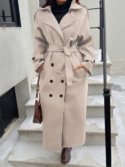 Laurel Double Breasted Belted Long Coat with Peak Lapels - Oatmeal